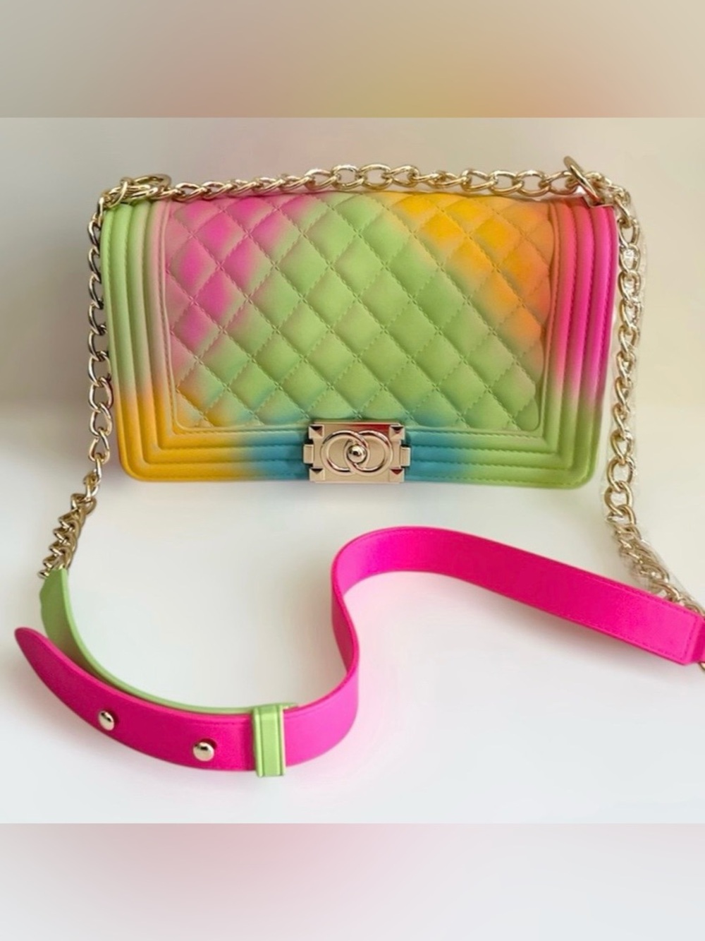 Rainbow Ombre Quilted Style Jelly Crossbody Bag Neon Pastel Color Boy Style
